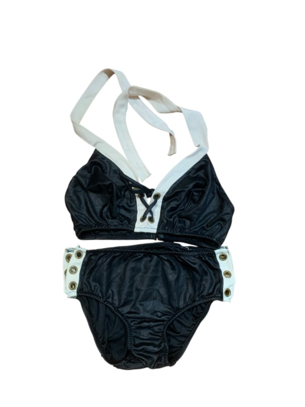 Vntg 70’s black and white lace up halter top bikini w/ lace up bottoms sz XS/S